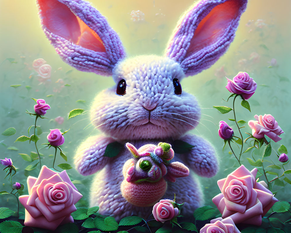 Illustration of plush bunny in dreamy rose garden