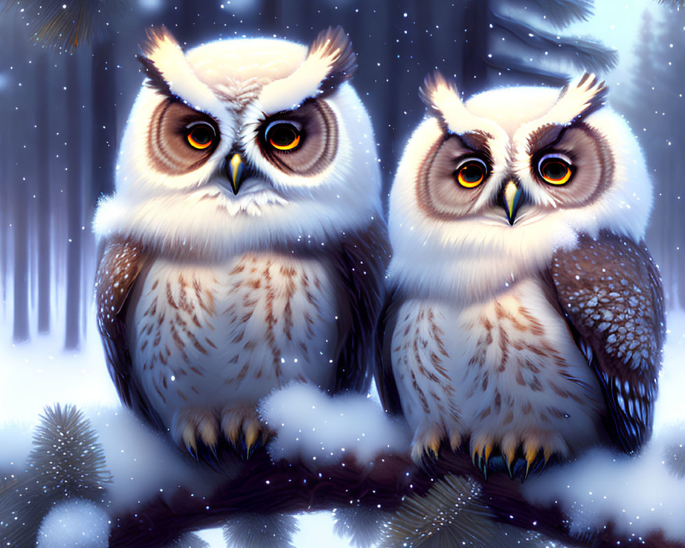 Illustrated snowy forest scene with two owls on branch