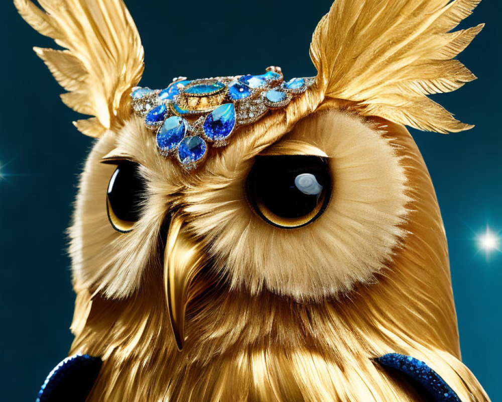 Golden owl with jeweled tiara on dark blue background