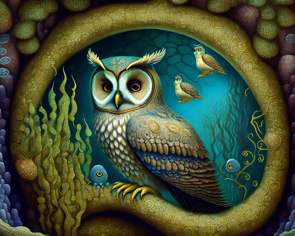 Colorful Owl Illustration with Detailed Feathers in Surreal Underwater Scene