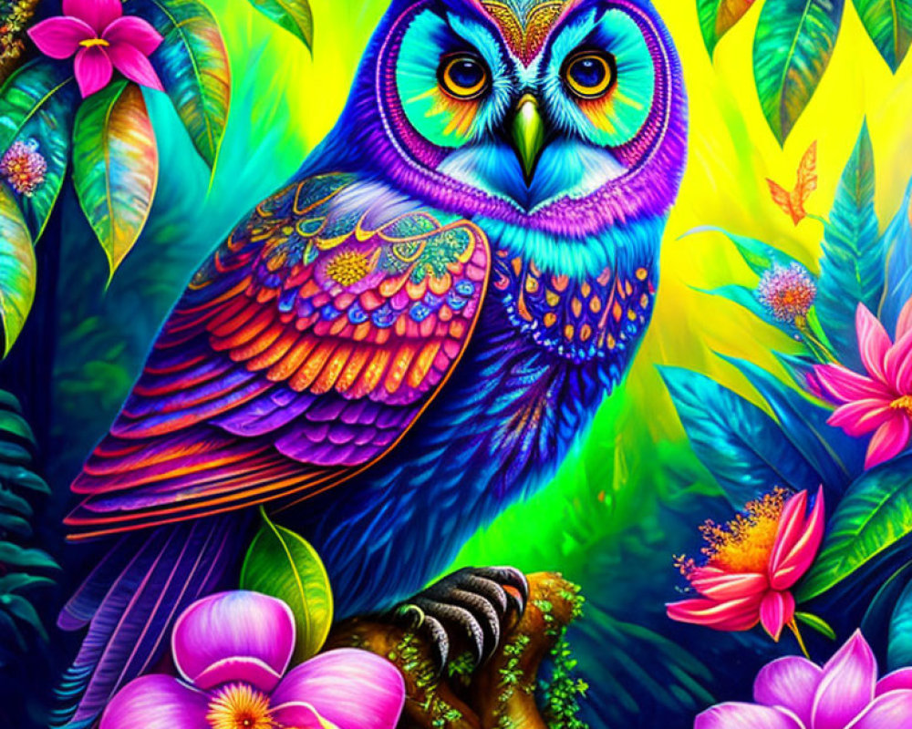 Colorful Owl Perched on Branch in Vibrant Tropical Setting