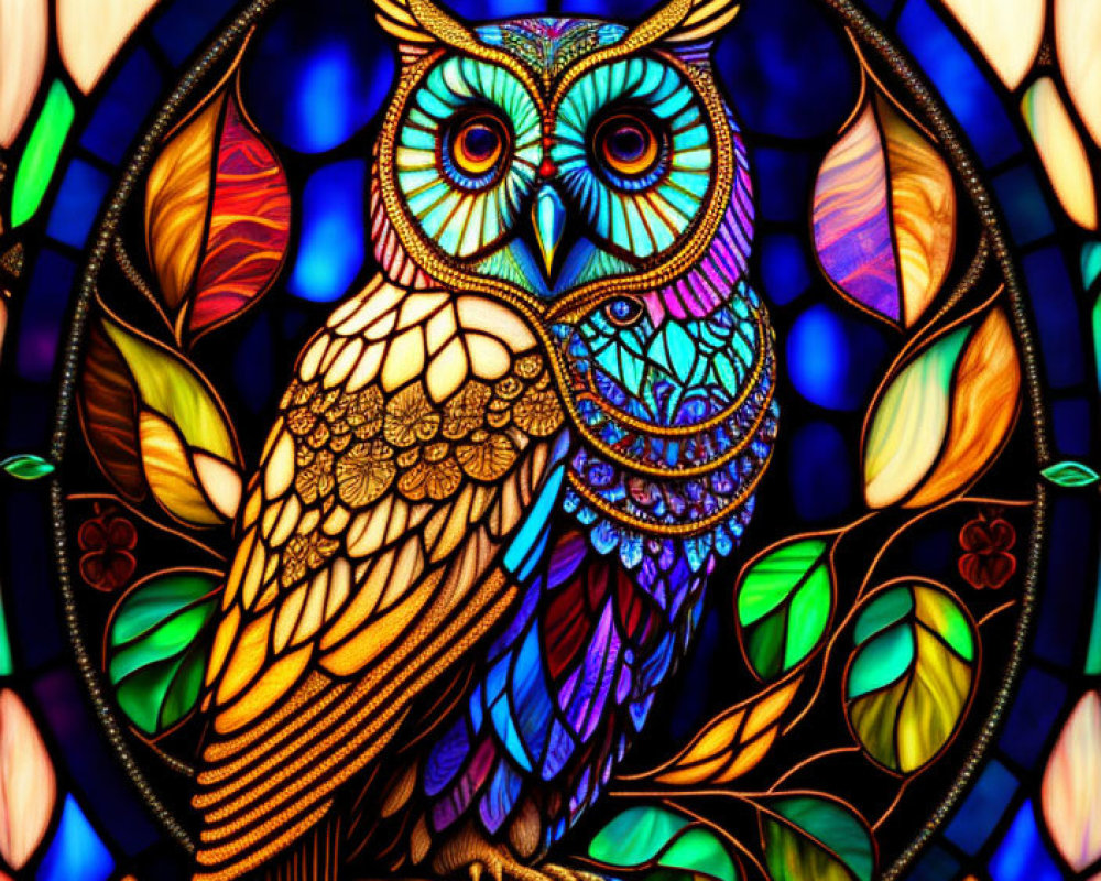 Colorful Stained Glass Style Owl on Branch in Circular Frame