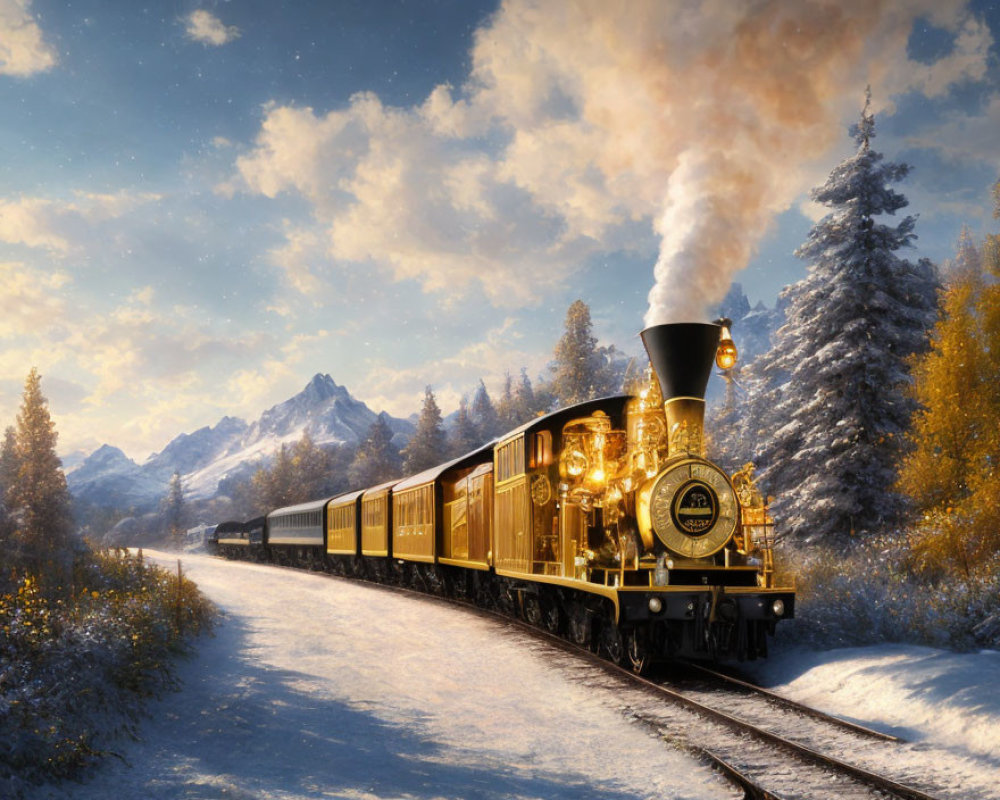 Vintage steam train in snowy landscape with pine trees and mountains at golden hour