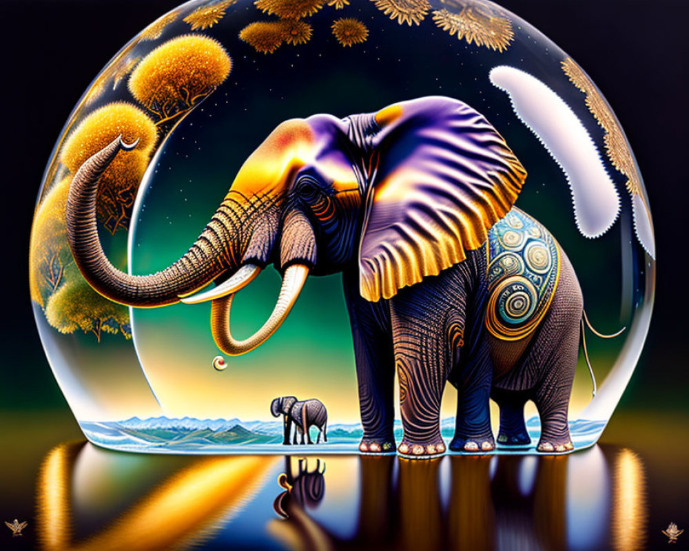 Digital artwork: Elephant in ornate sphere reflecting nature