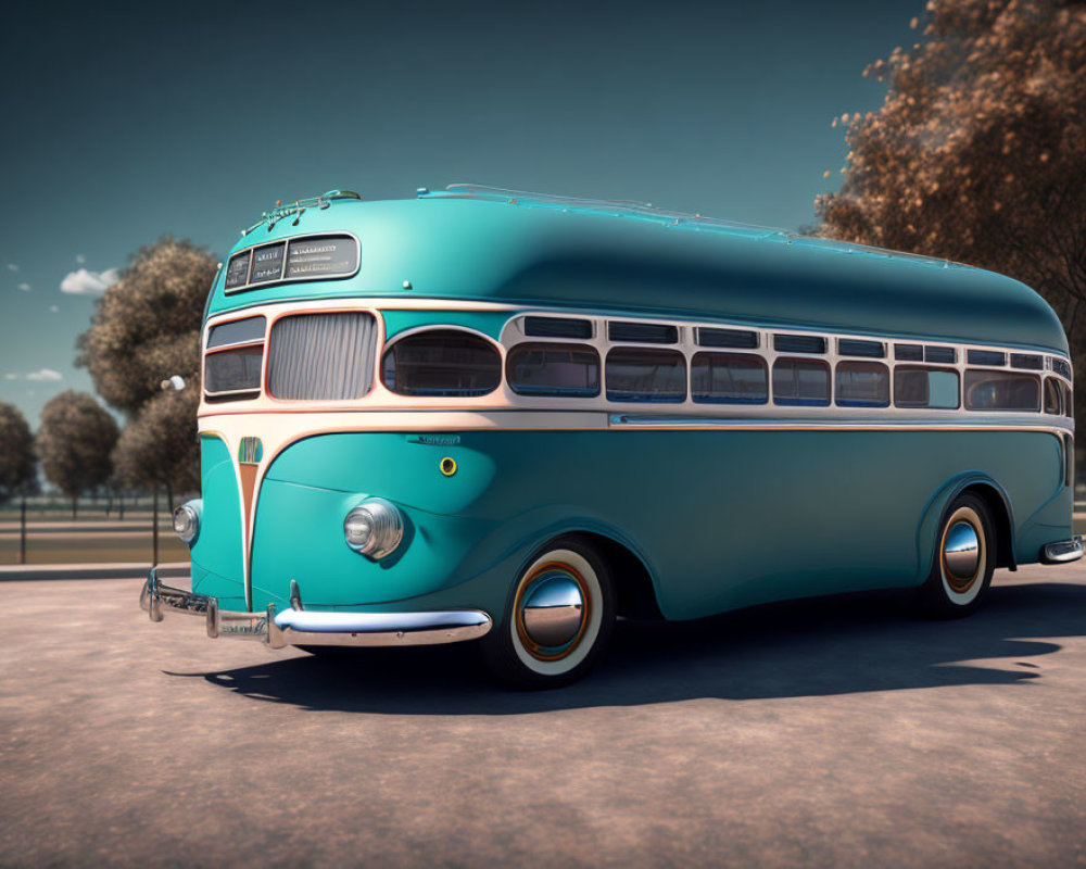 Classic Turquoise and White Bus Parked on Road with Trees and Clear Sky