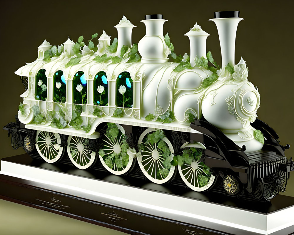 Intricate Green and White Porcelain Train Sculpture on Wooden Base