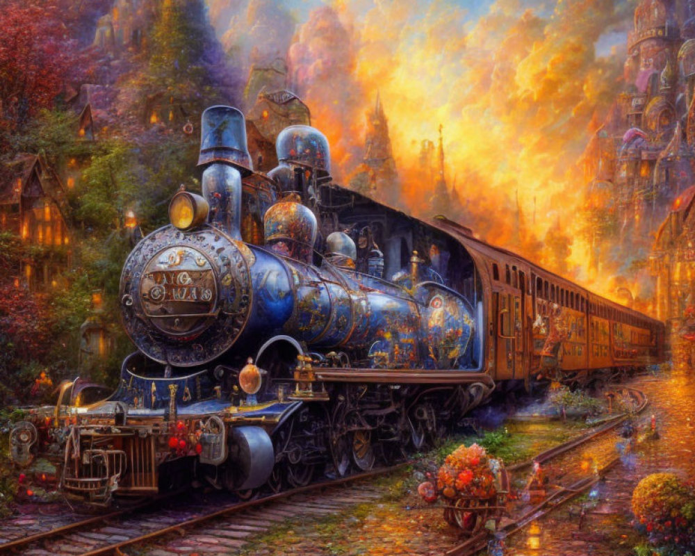 Vintage Blue Steam Locomotive in Vibrant Autumn Landscape