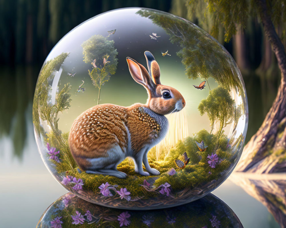 Surreal image: Rabbit in bubble with nature reflection