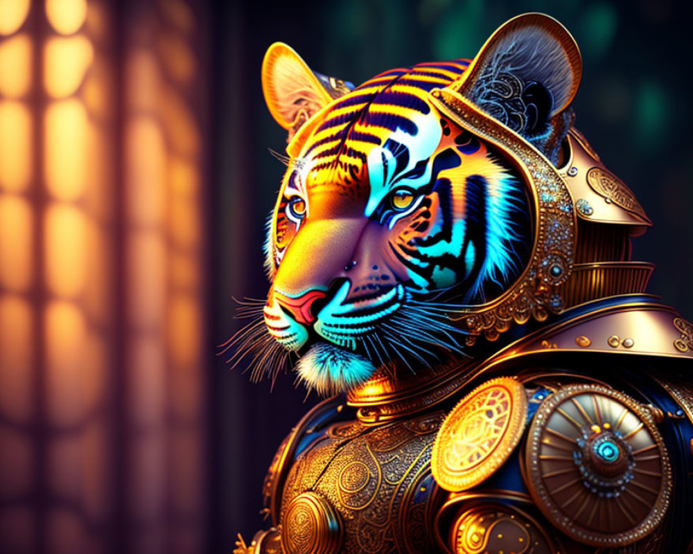 Mechanical tiger in gold armor on dark background with soft light