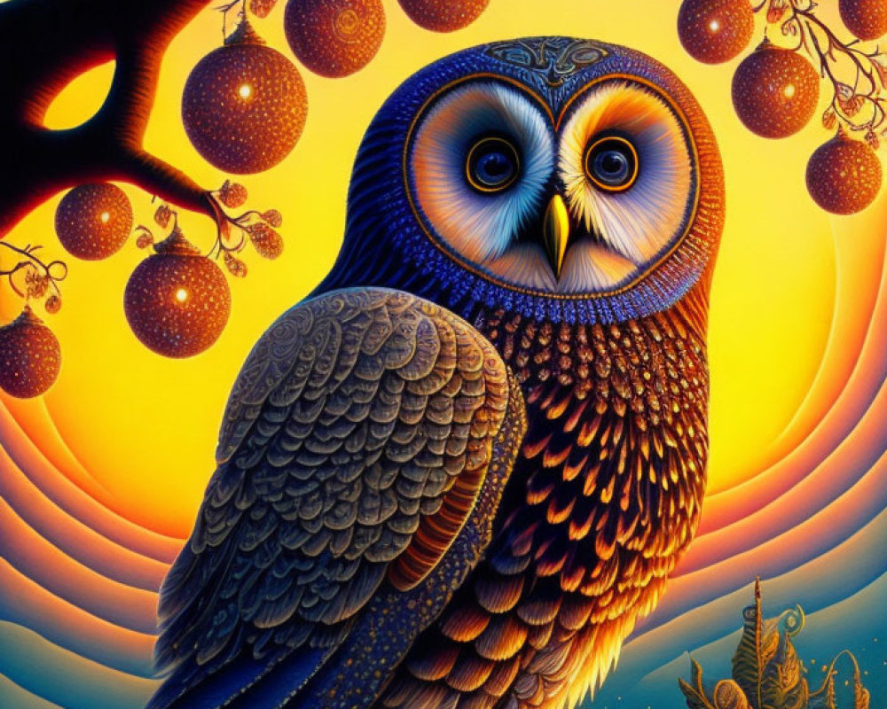 Detailed owl perched on branch with spherical patterns in vibrant artwork.