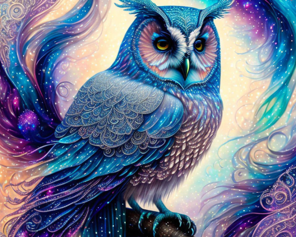 Colorful Owl Illustration with Cosmic Background