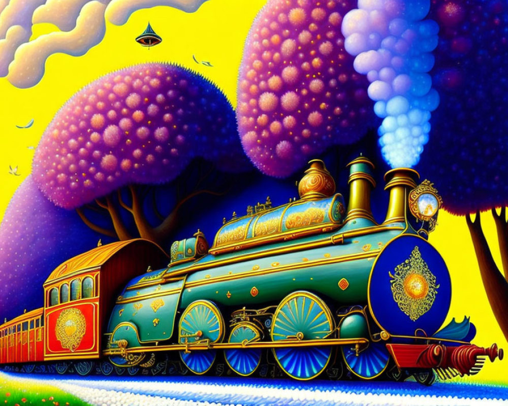 Fantasy-style painting of decorated steam train in whimsical landscape