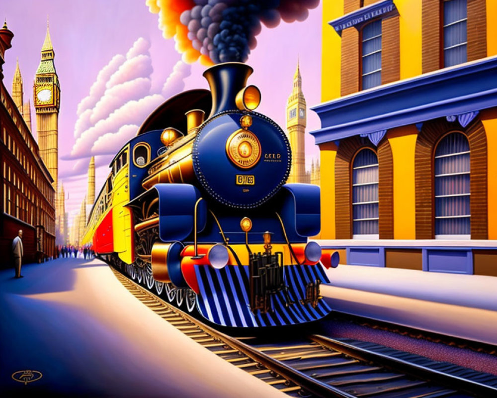 Blue vintage steam locomotive on railroad tracks near yellow buildings with Big Ben.