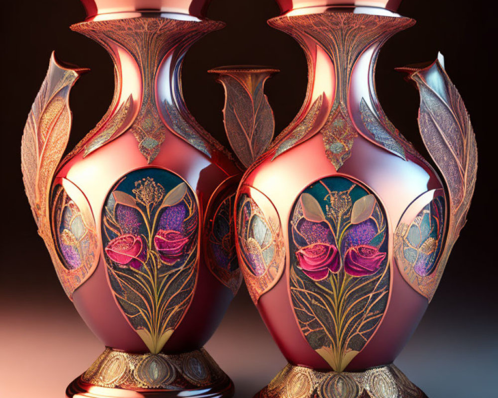 Ornate vases with floral patterns and metallic accents on warm background