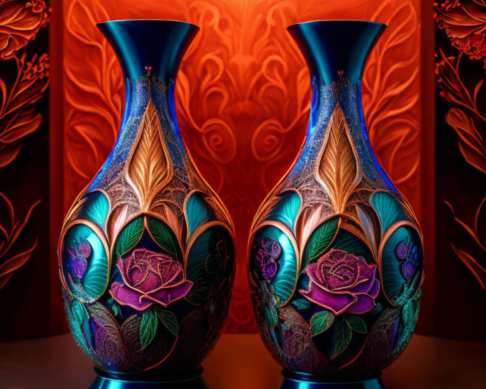 Ornate vases with blue, purple, and pink floral designs on red backdrop