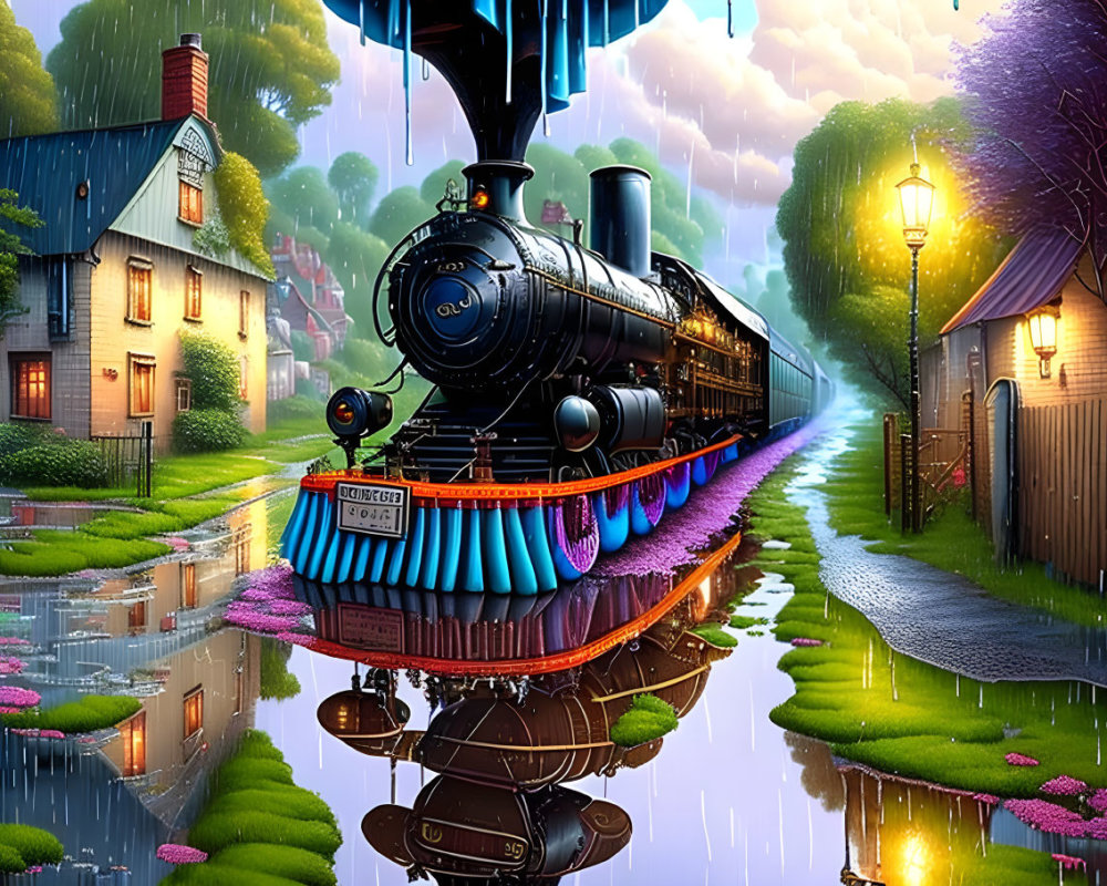 Vintage train on rainy twilight track with colorful reflections