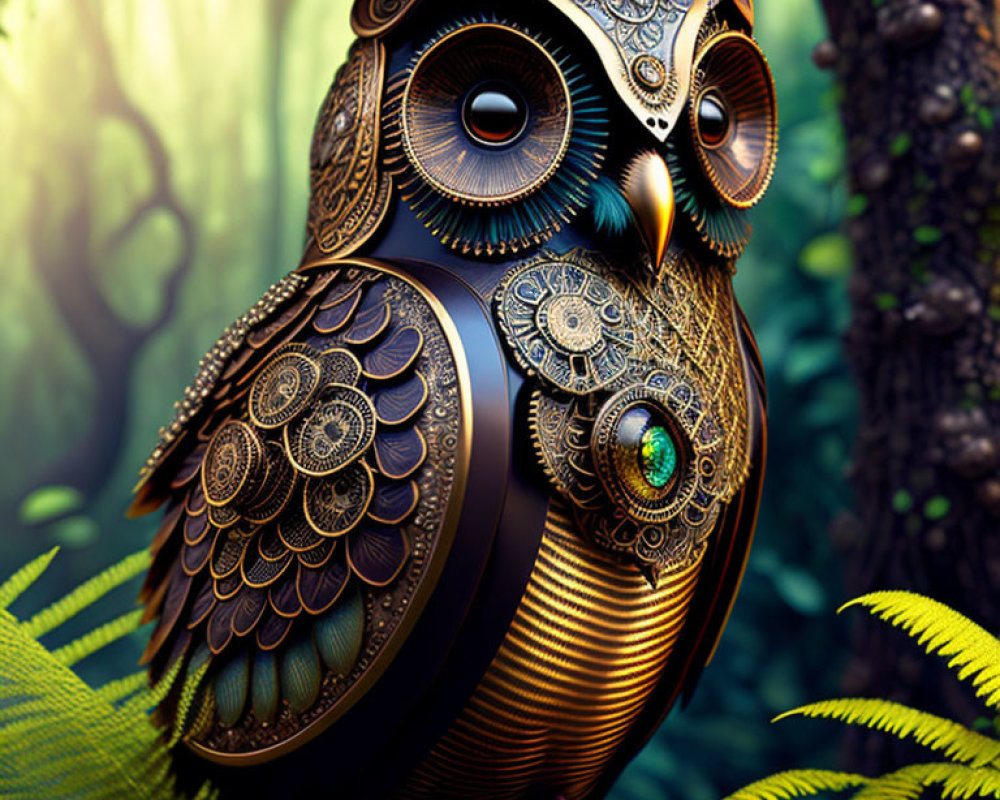 Stylized mechanical owl with metal feathers and green eyes in forest setting