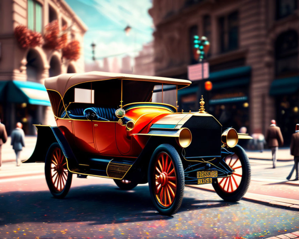 Vintage Car in Golden and Red Hues on Sunny Street with Pedestrians