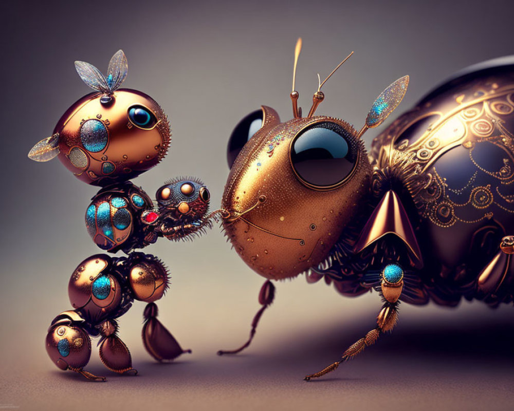 Mechanical Steampunk Insects on Brown Background