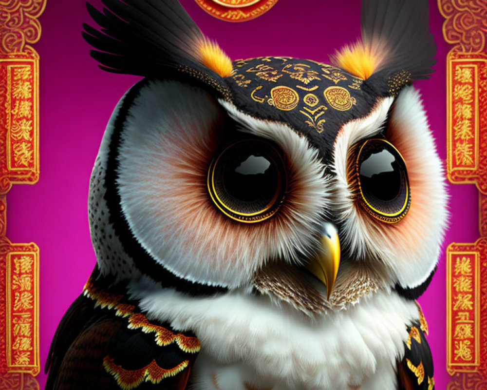 Stylized owl illustration with expressive eyes on purple background