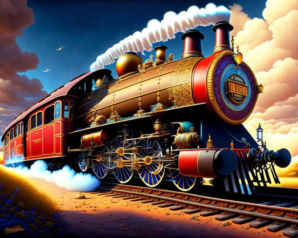 Vintage steam locomotive with gold accents in sunset scene