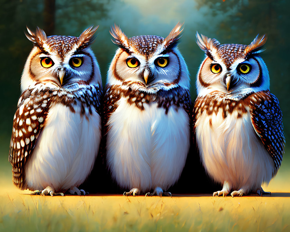 Illustrated Owls with Vibrant Eyes in Dusk Forest