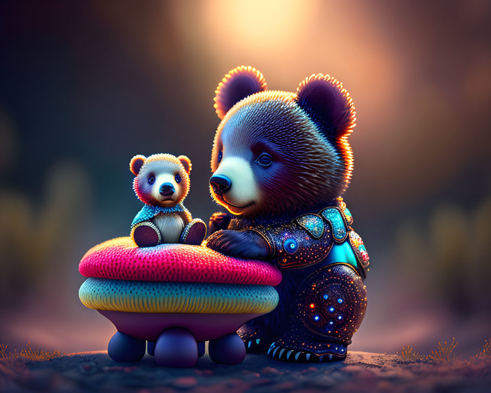 Stylized large and small panda on colorful cushion at twilight