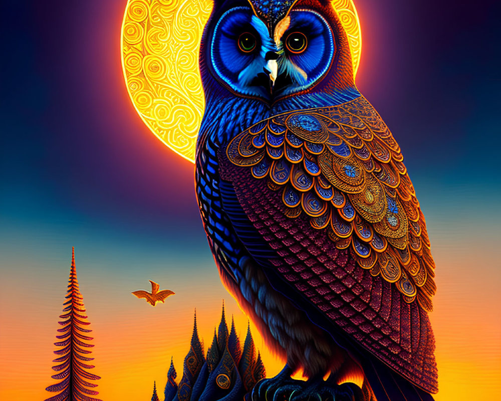 Colorful Owl Perched on Pine Hill Under Full Moon