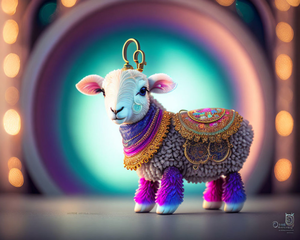 Colorful sheep illustration with jeweled saddle and purple leg warmers