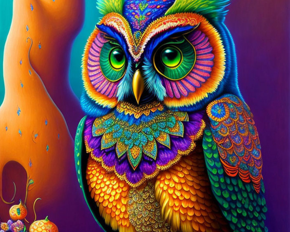 Colorful Owl Illustration with Psychedelic Branch Background