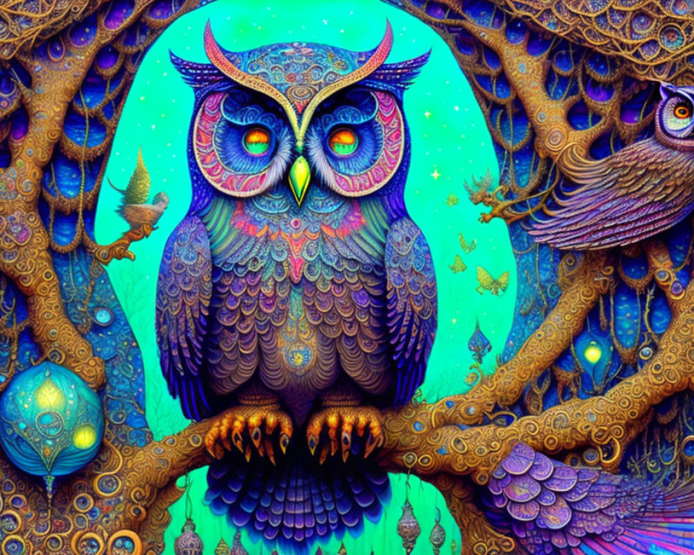 Colorful Psychedelic Owl Illustration on Whimsical Background