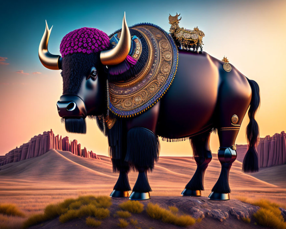 Majestic black bull with golden decorations in desert setting