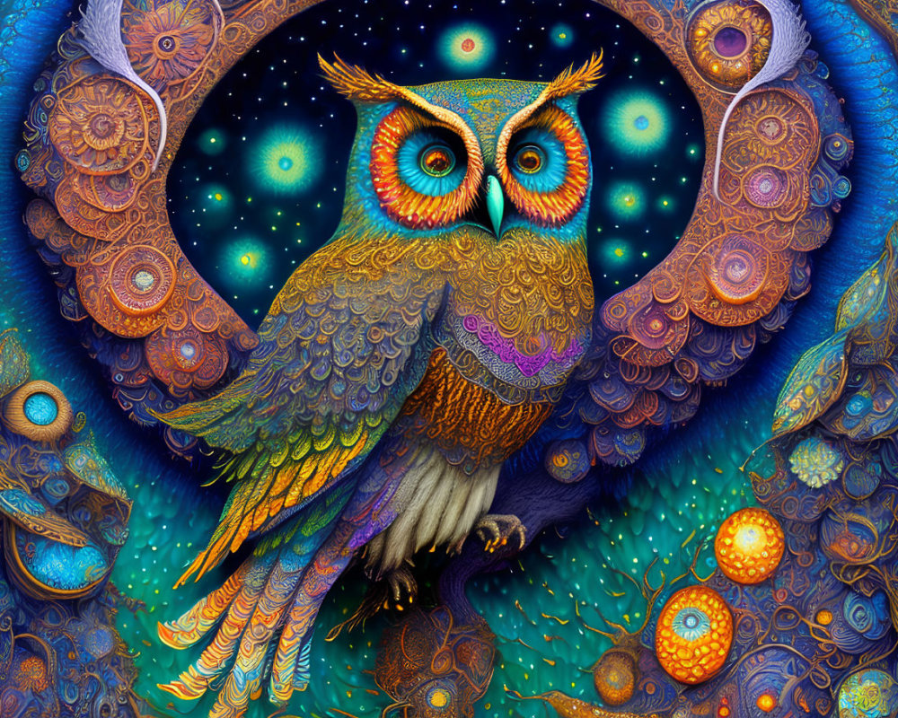 Colorful Owl Illustration with Cosmic Background and Mandala Designs