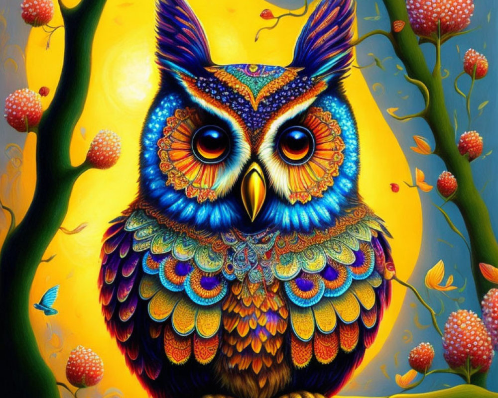 Vibrant Owl Illustration in Fantasy Setting with Whimsical Trees