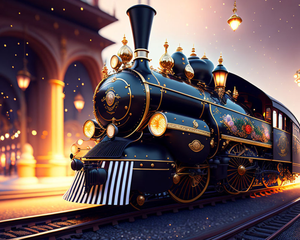 Vintage ornate train travels on tracks at twilight with starry sky reflection.