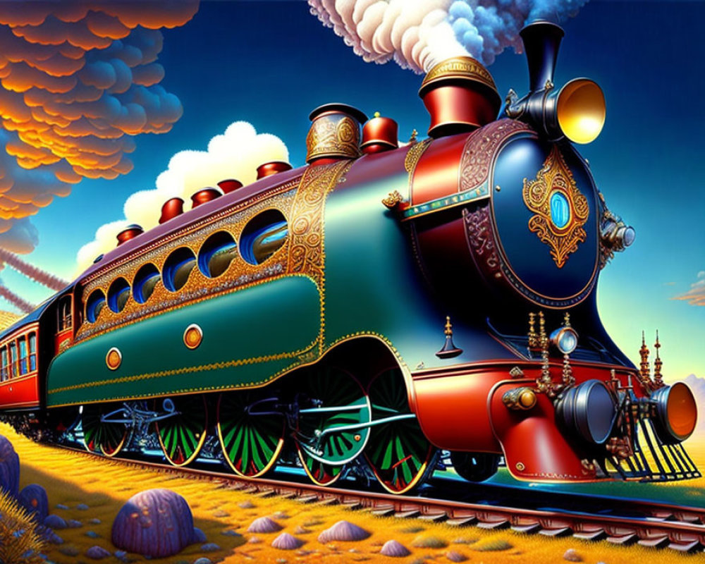 Colorful illustration of steam locomotive and carriages in whimsical setting