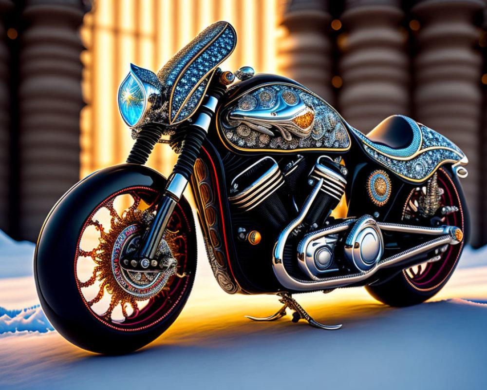 Stylized ornate motorcycle with intricate patterns and jewel-like detailing against soft light columns