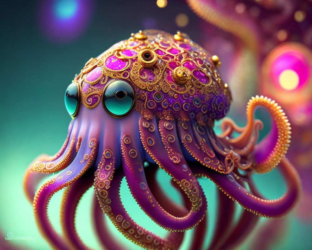 Intricately adorned octopus with gold patterns on purple skin against vibrant backdrop