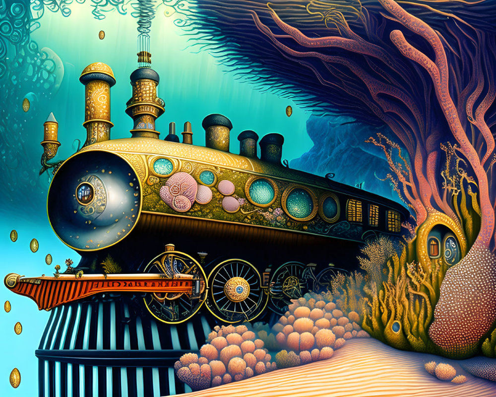 Ornate underwater train amidst colorful coral and marine life