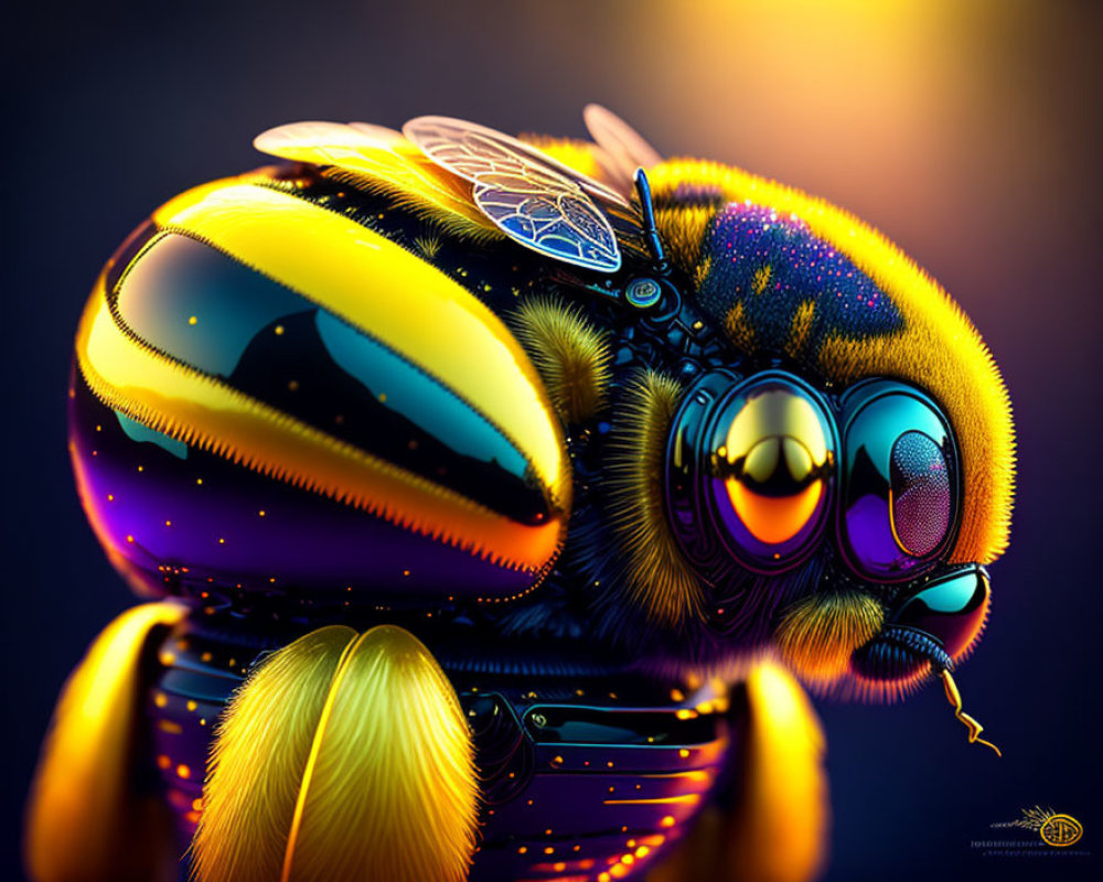 Colorful digital artwork of a stylized bee with intricate details and bokeh background