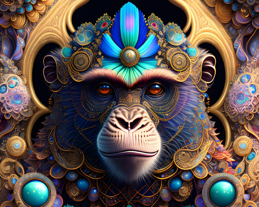 Colorful Mandrill Illustration with Regal Crown on Patterned Background