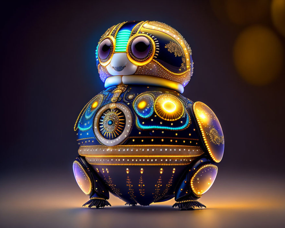 Colorful ornate owl robot with glowing lights on dark bokeh background