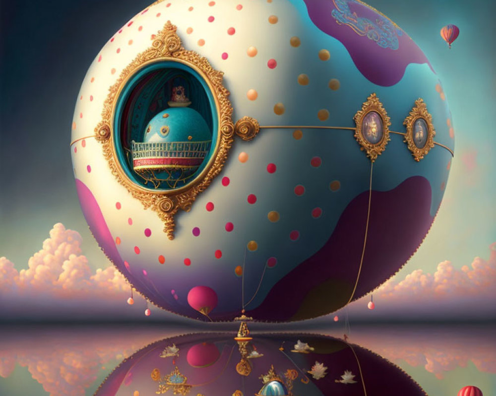 Intricate ornate balloon with circular window above clouds