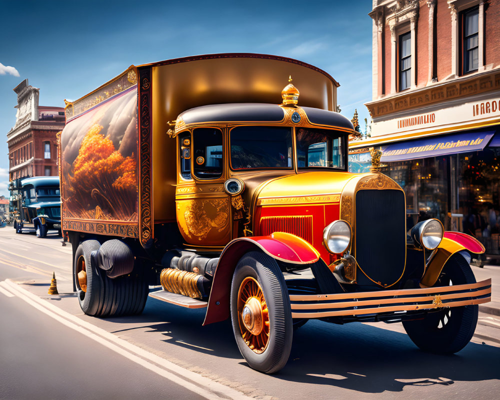 Vintage Yellow and Red Truck with Gold Accents on Sunny Street