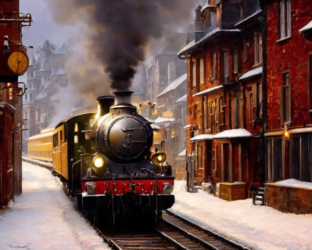 Vintage steam train departs snowy station at dusk