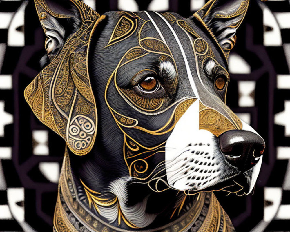 Detailed Dog Illustration with Patterned Gold, Black, and White Fur on Geometric Background