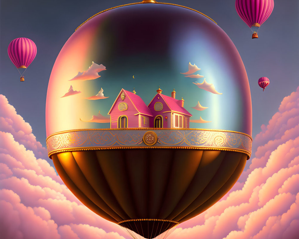 Golden hot air balloon with house, clouds, balloons, and birds in pink sky