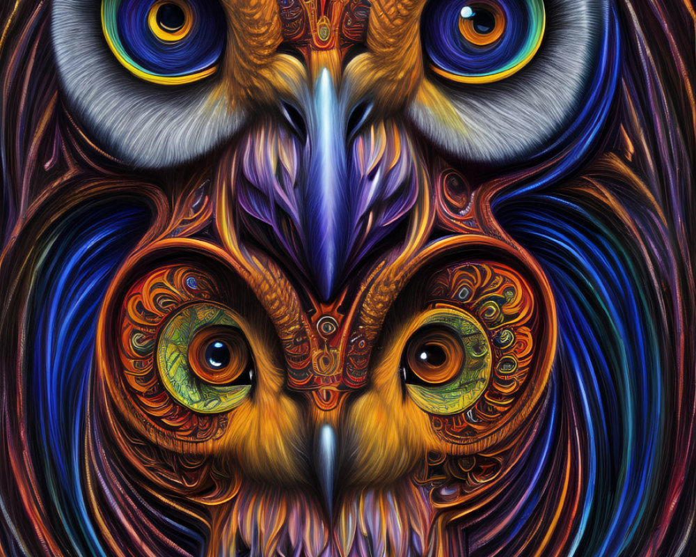 Colorful Owl Artwork with Intricate Patterns and Blue Eyes