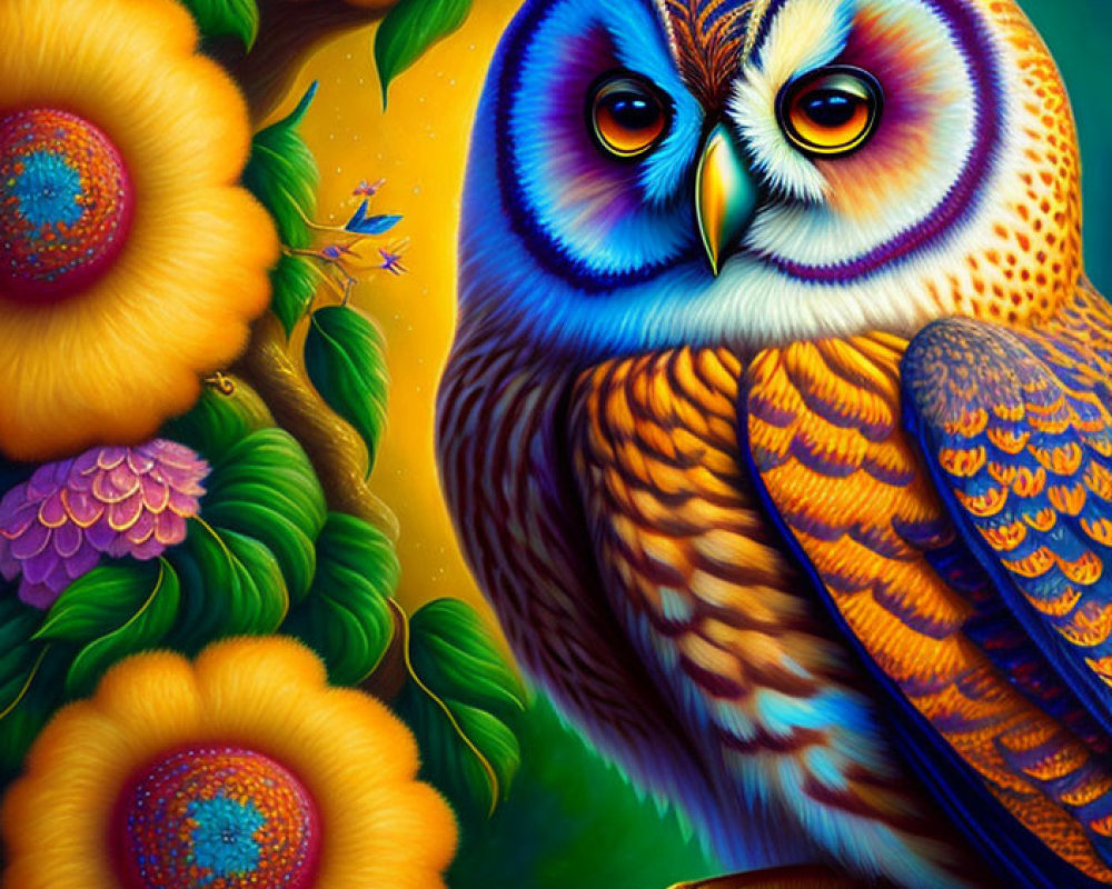 Colorful Owl Illustration on Branch with Exaggerated Eyes Amid Flowers and Starry Sky