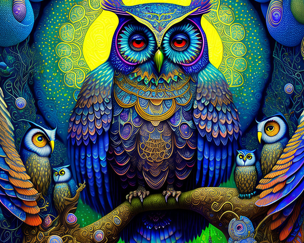 Colorful Ornate Owl Illustration with Moonlit Night Background